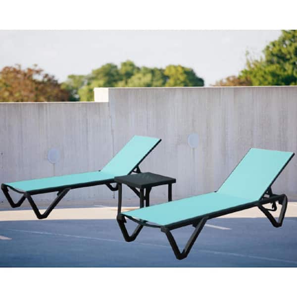Oyezvary 3-Piece Aluminum Outdoor Patio Chaise Lounge Polypropylene Chair with Table & 5 Adjustable Backrest Positions in Cyan