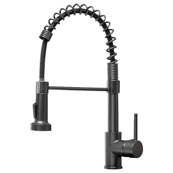 matrix decor Single Handle Deck Mount Gooseneck Pull Down Sprayer Kitchen Faucet with Handles in Black