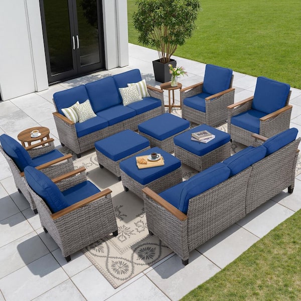 Buenaola Caladin 12-Piece Wood and Wicker Patio Conversation Set, 10-Seat Outdoor Sofa Seating Set With Blue Cushions