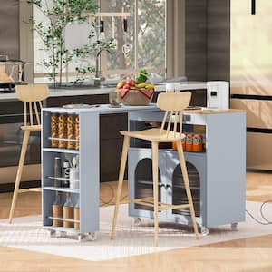 Grey Blue Rubberwood 56.3 in. W LED Kitchen Island on Wheels with Extended Table, Power Outlets and 2-Fluted Glass Doors