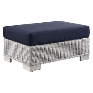 Conway Light Gray Wicker Outdoor Patio Wicker Rattan Ottoman with Navy Cushion