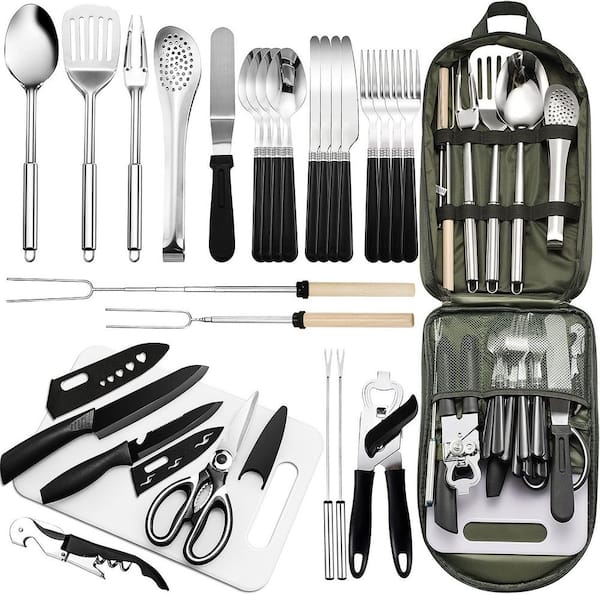 27-Piece Stainless Steel Outdoor Cookware Set in Green, Portable Camping Kitchen Utensil Set, Grilling Utensil Set