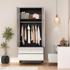Gray Wood 2-Drawers Kids Armoires Wardrobe With Hanging Rods, Drawers, Shelves (19.1 in. D x 31.5 in. W x 71.1 in. H)