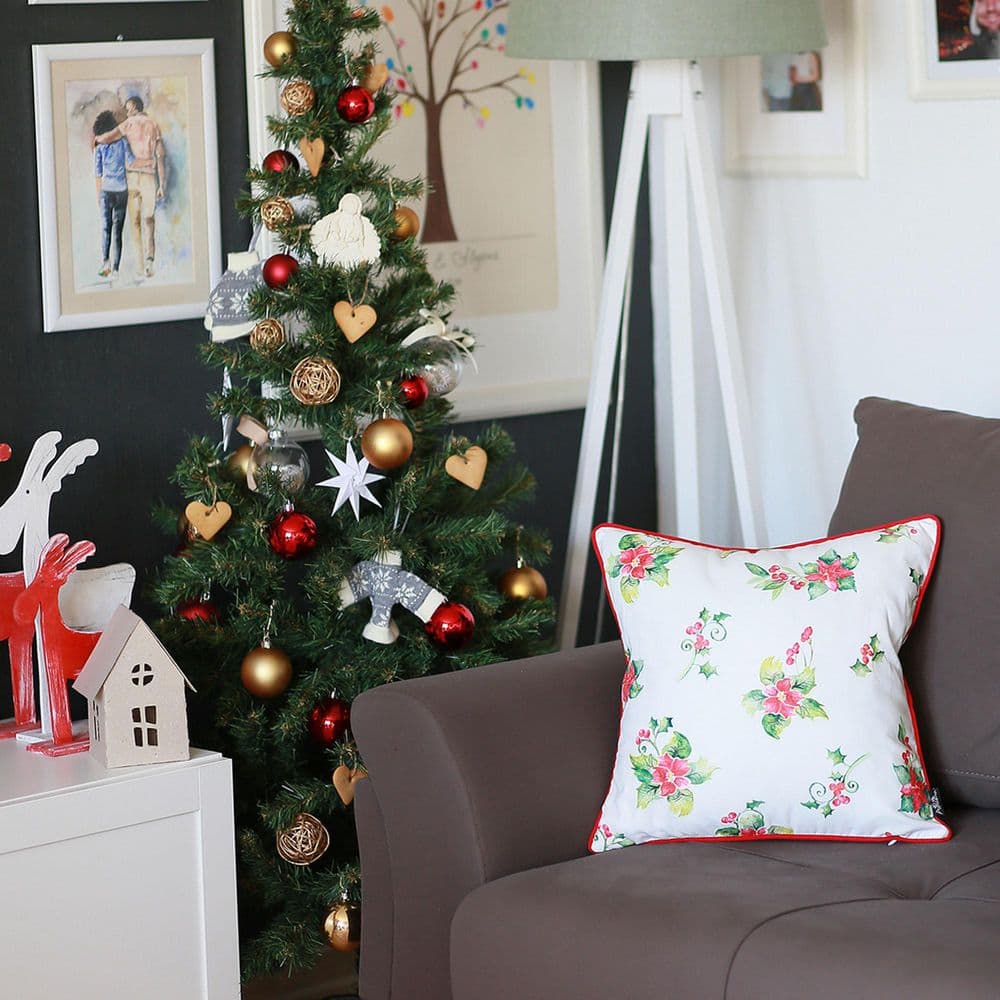 Christmas Floral White and Red Polyester Throw Pillow