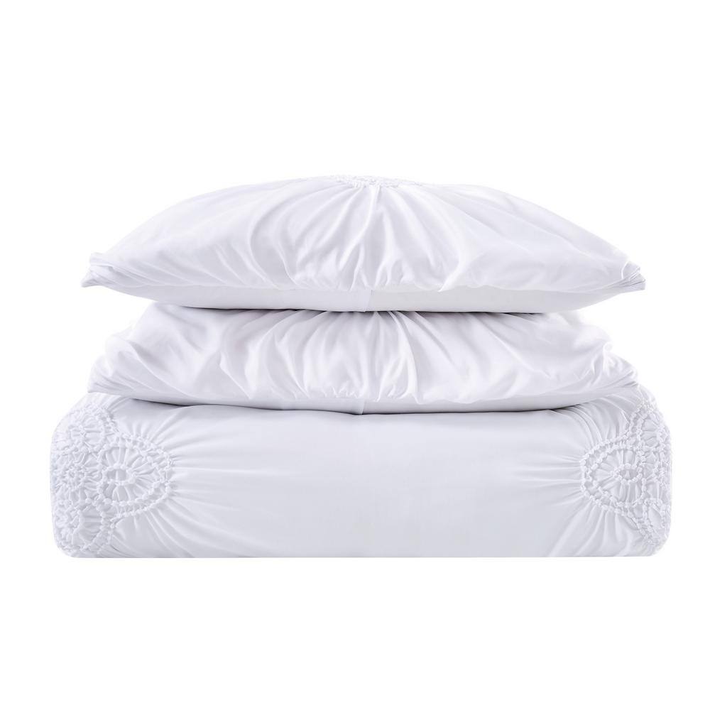 White Microfiber Ruffled Full/Queen Duvet Cover Set