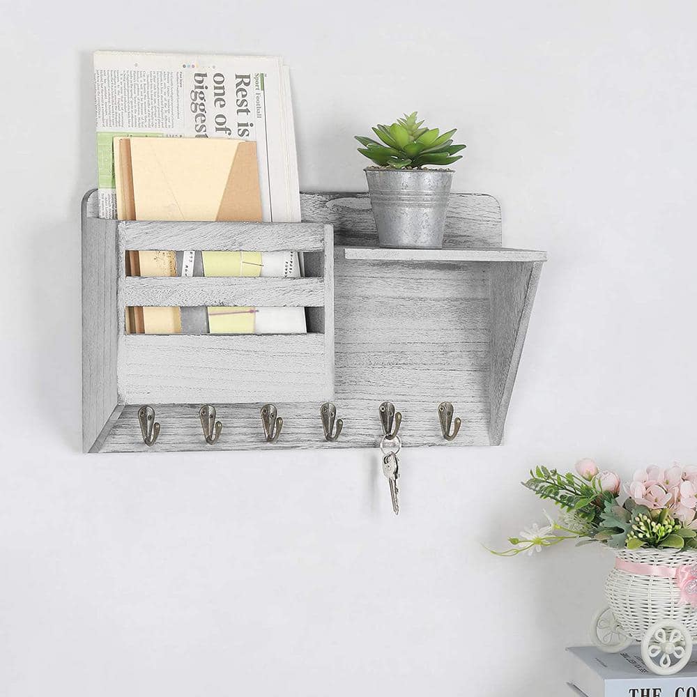 Gray Wood Wall Mounted Entryway Organizer Rack with Antique Coat Hangers,  Key Hooks, Display Shelf and Mail Sorter Bins