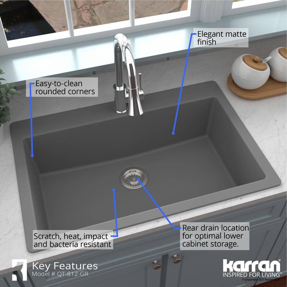 Gray Quartz 33'' Single Bowl Drop-in Kitchen Sink