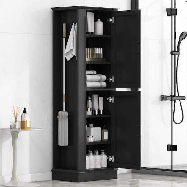 21 in. W x 14 in. D x 68 in. H Black Wood Freestanding Bathroom Linen Cabinet with Hook and Adjustable Shelf