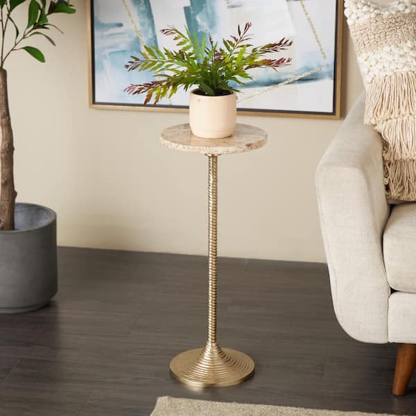 10 in. Gold Pedestal Large Round Marble End Table with Beige Marble Tabletop