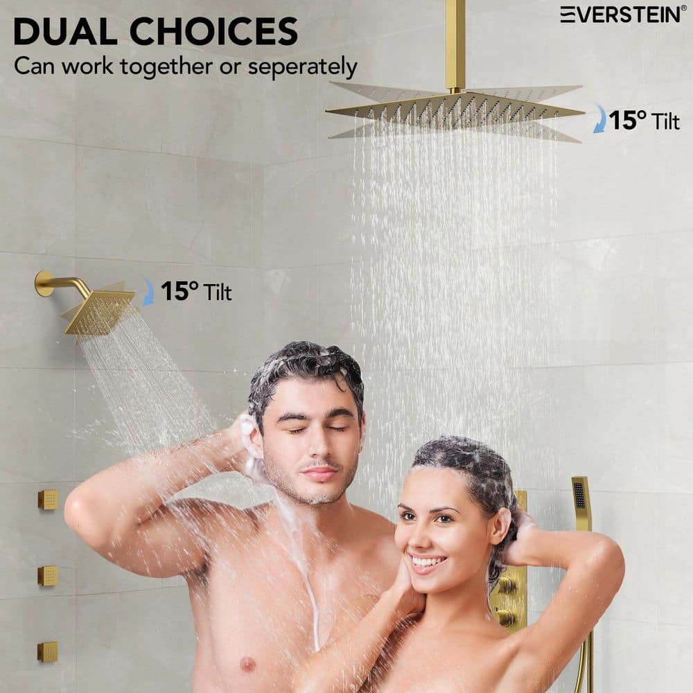 16" Brushed Gold Multi-Head Rainfall Shower System with Handheld