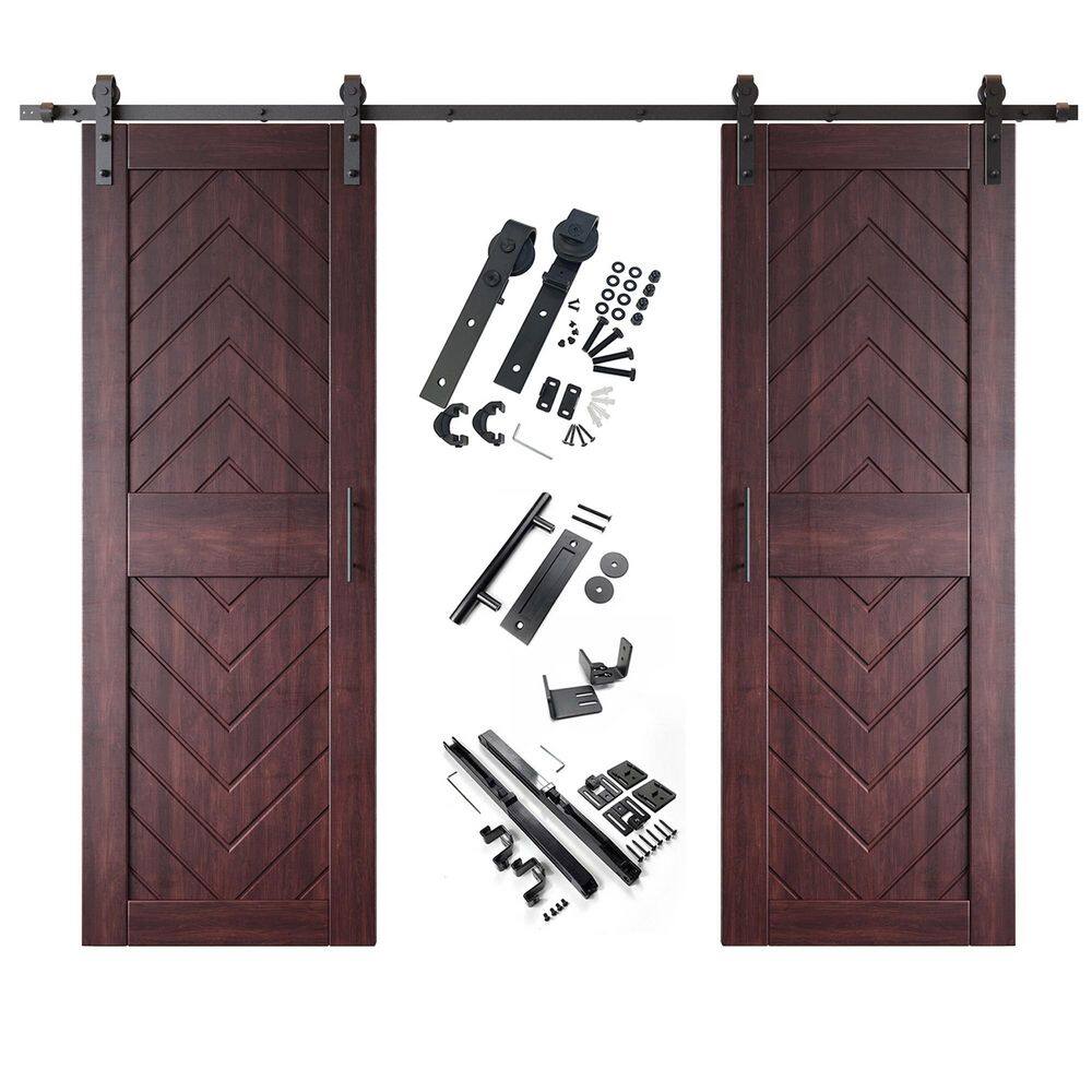 JT2 26 in. x 84 in. C-Panel Red Mahogany Fishbone Design Double Pine Wood Sliding Barn Door with Hardware Kit price history on PriceWatchPro
