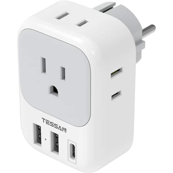 3 Amp AC/DC Adapter Germany France Travel Converter Plug Adaptor with 3 USB Ports in White Gray 2-to3 Prong Adapter