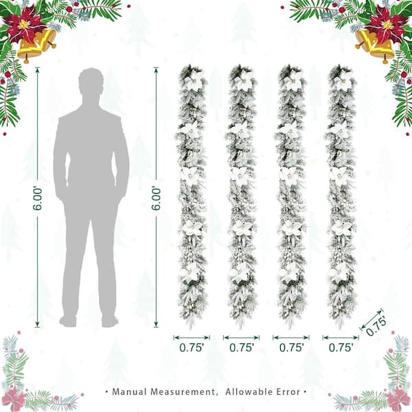 6 ft. Pre-Lit Flocked Greenery Pine White Poinsettia Christmas Garland, with 50 Warm White Lights with Timer (Set of 4)