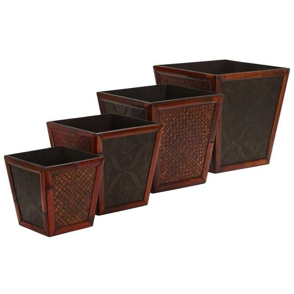 Nearly Natural 14 in. H Burgundy Bamboo Square Decorative Planters (Set of 4)
