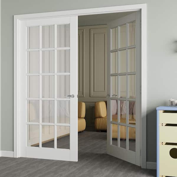 72 in. x 80 in. 15-Lite Clear Glass Universal White Solid Core Wood Double Prehung French Door+ Quick Assemble Jamb