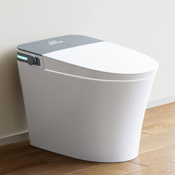 10 in. Rough-In Tankless Elongated Smart Toilet Bidet 1/1.27 GPF in White w/ Auto Open/Close, Foot Sensor, Ambient Light