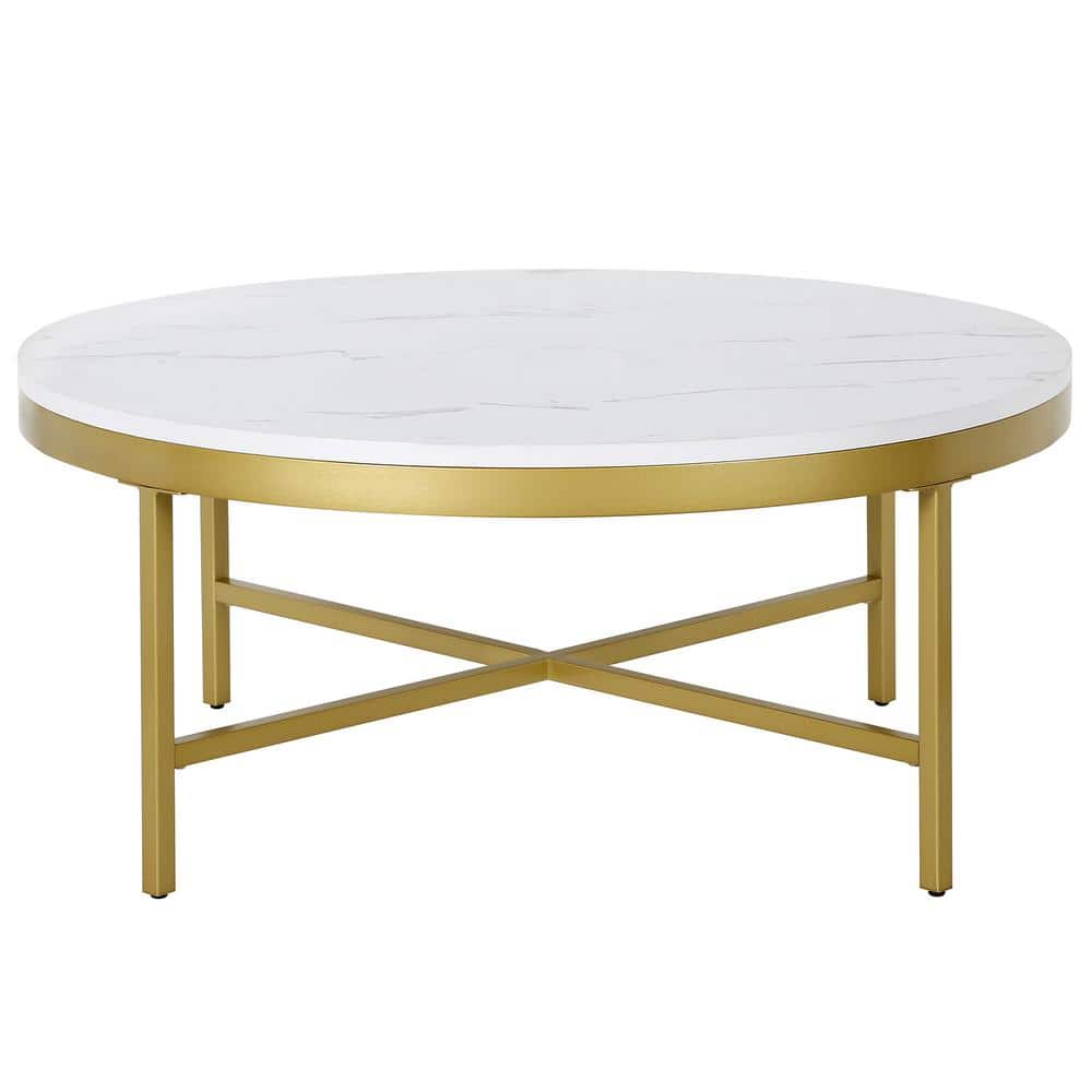 Xivil 36" Brass Round Coffee Table with Faux Marble Top