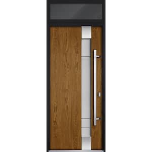 1713 36 in. x 96 in. Left-hand/Inswing Transom Frosted Glass Natural Oak Steel Prehung Front Door with Hardware