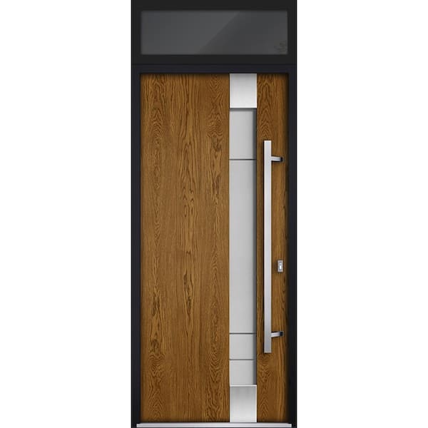 VDOMDOORS 1713 36 in. x 96 in. Left-hand/Inswing Transom Frosted Glass Natural Oak Steel Prehung Front Door with Hardware