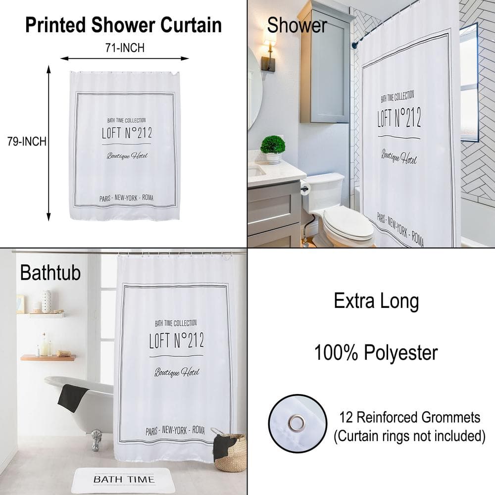 Extra Long White Polyester Shower Curtain with Black Writing Design