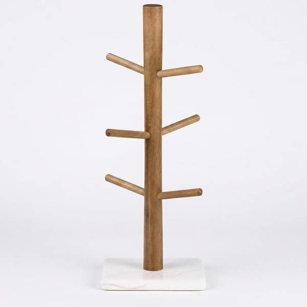 Wood Mug Holder Tree with 6 Hooks and Marble Base, Coffee Mug Stand for Kitchen Countertop