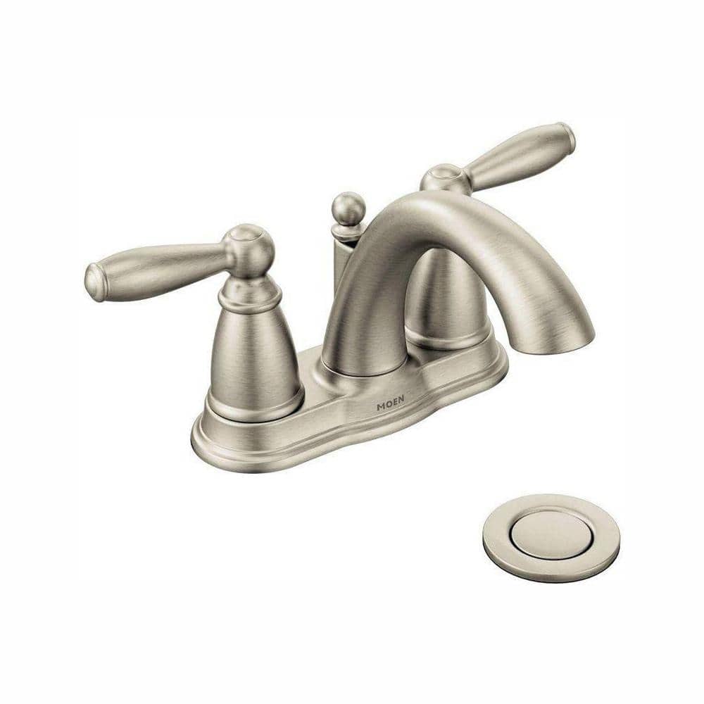 Moen Brantford 4 In Centerset 2 Handle Low Arc Bathroom Faucet In Brushed Nickel With Metal Drain Assembly 6610bn The Home Depot