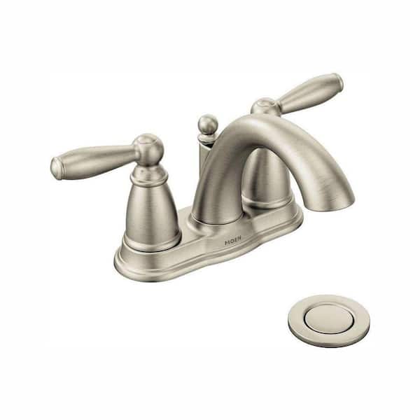 MOEN Brantford 4 in. Centerset 2-Handle Low-Arc Bathroom Faucet in Brushed Nickel with Metal Drain Assembly