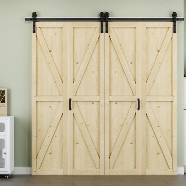 80 in. x 84 in. Paneled Pine Wood Solid Core Unfinished K Shape Composite Bi-fold Door with Bifold Barn Door Hardware