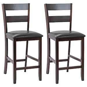 39 in. Espresso 25 in. Low Back Wood Bar Stools Counter Height Chairs with PU Leather Seat (Set of 2)