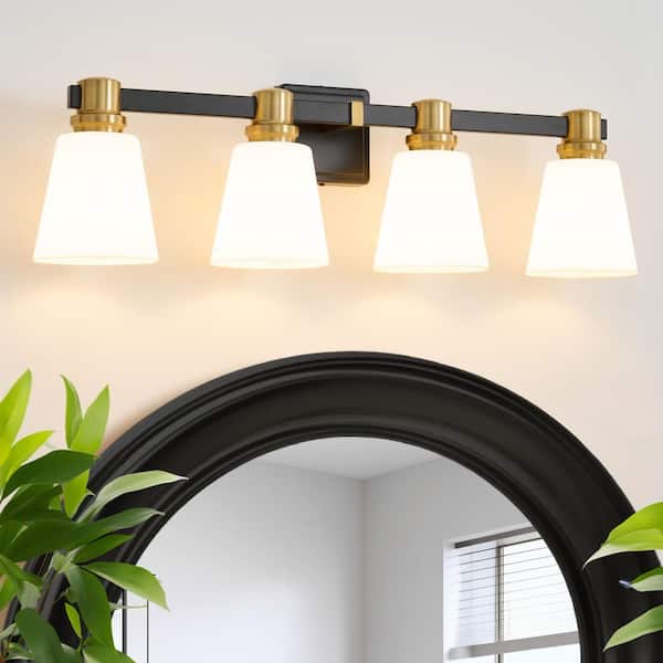 30.3 in. 4 Light Black and Gold Bathroom Vanity Light with Milky White Glass Shades, Dimmable