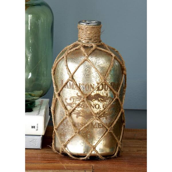 Litton Lane 10 in. Glass "La Maison du Rot" Decorative Bottle in Gray and Brown with Rope Netting