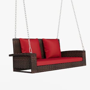 2-Person Brown Wicker Hanging Porch Swing Bench with Chains, Red Cushions, Pillows for Garden, Backyard, Pond