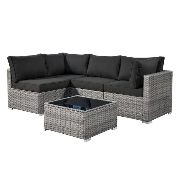 Sanibel Gray 5-Piece Wicker Patio Conversation Sofa Sectional Set with Black Cushions