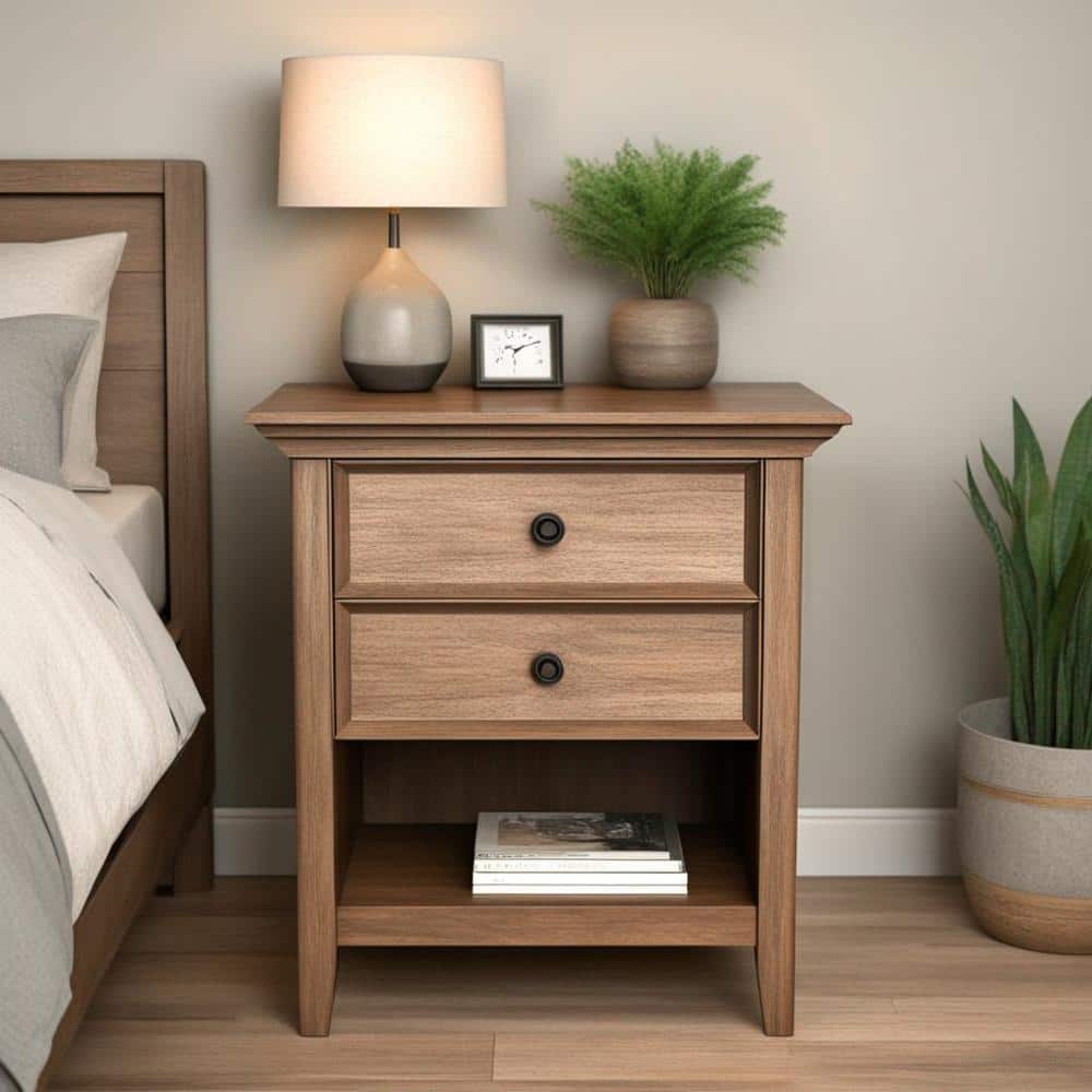 Amherst Rustic Natural Aged Brown Solid Wood Bedside Nightstand with 2 Drawers