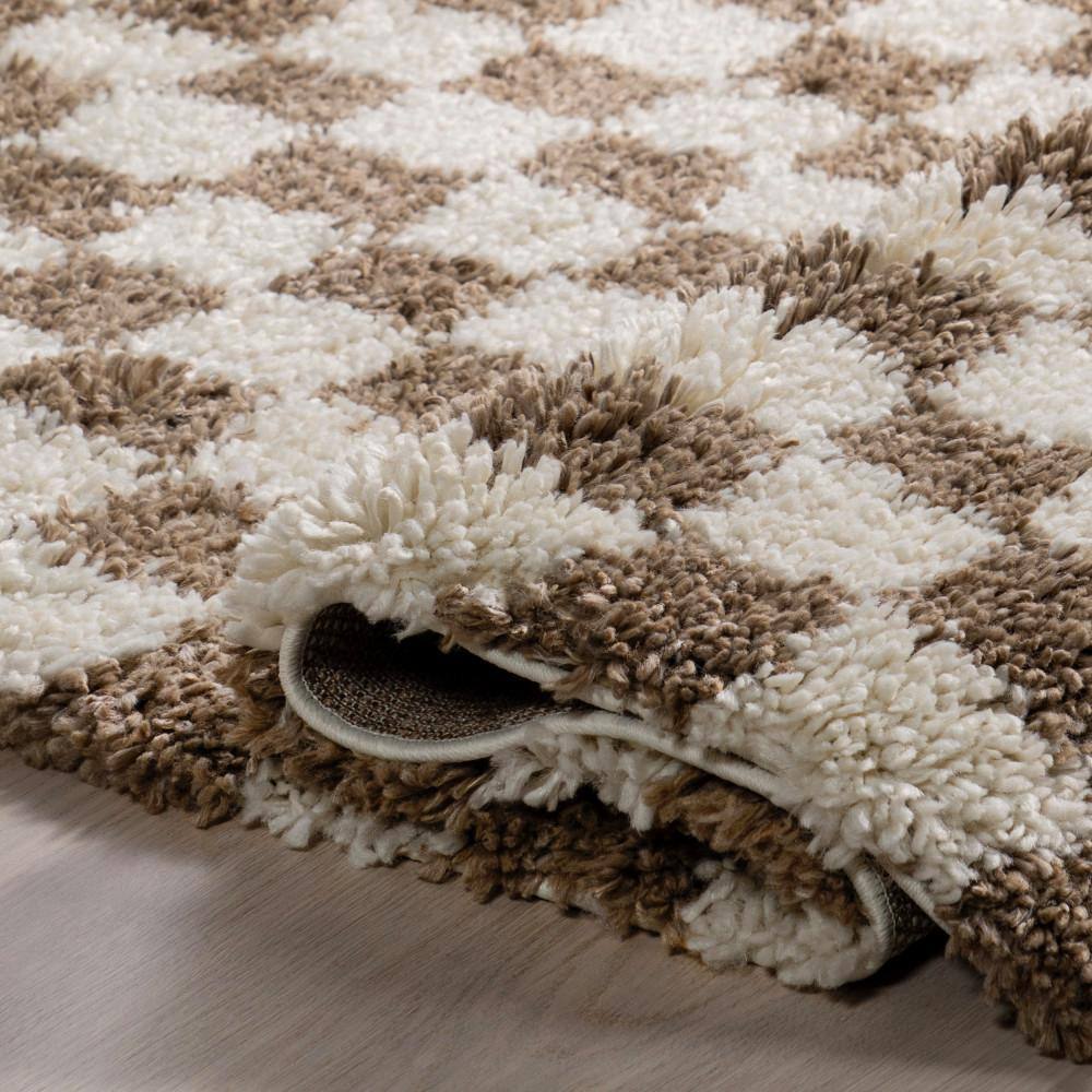 Beige and Brown Checkered Shag Synthetic Area Rug 6' x 9'