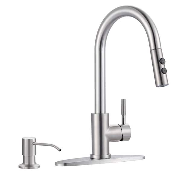 Single Handle Pull Down Sprayer Kitchen Faucet with Soap Dispenser, Advanced Spray in Brushed Nickel