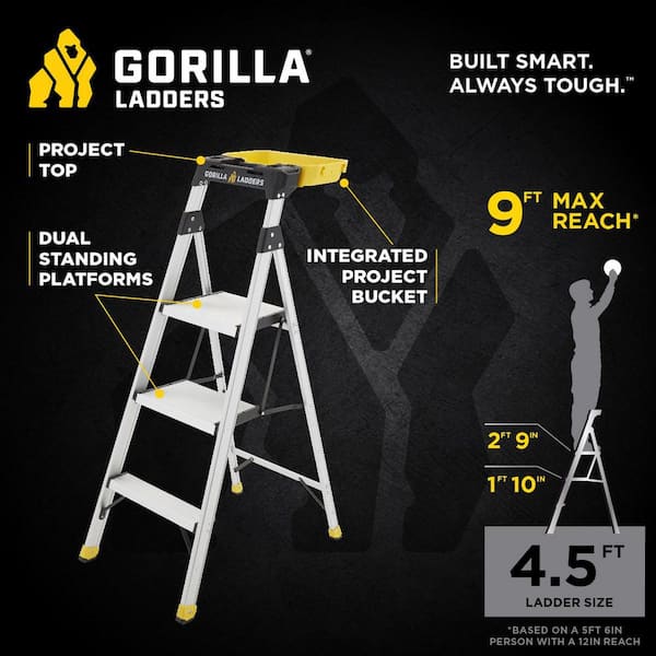 4 .5 ft. Aluminum Dual Platform Step Ladder with Project Bucket ( 9 ft. Reach ), 250 lbs. Capacity Type I Duty Rating