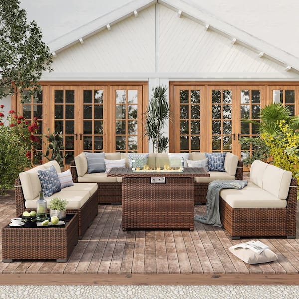 8-Person Wicker Patio Conversation Sectional Seating Group with Cushions, Tan