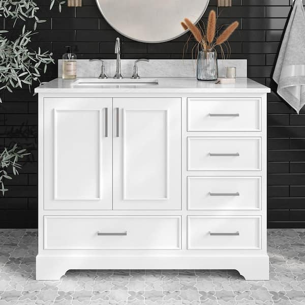 ARIEL Stafford 43 in. W x 22 in. D x 35.25 in. H Left Single Sink Bath Vanity in White with Carrara White Marble Top