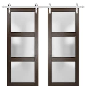 36 in. x 96 in. 3-Panel Brown Finished Wood Sliding Door with Double Stainless Barn Hardware