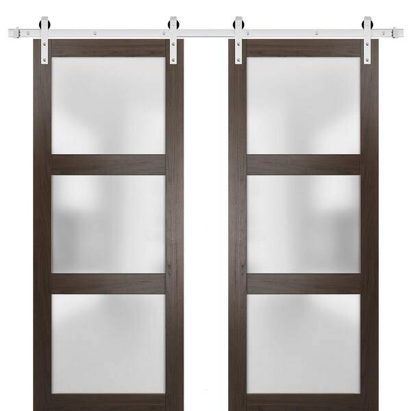 Sartodoors 56 in. x 96 in. 3-Panel Brown Finished Wood Sliding Door with Double Stainless Barn Hardware
