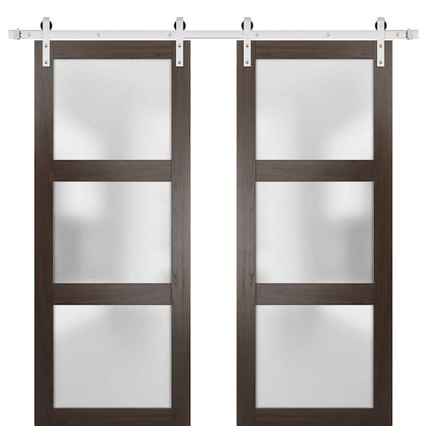 72 in. x 96 in. 3-Panel Brown Finished Wood Sliding Door with Double Stainless Barn Hardware