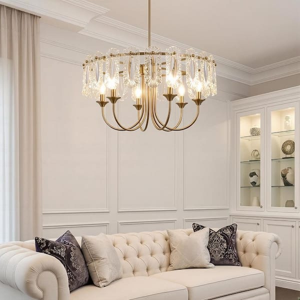 【deco shop】 YANSUN 24 in. 6-Light Gold Crystal Drum Chandelier, Raindrop Glass