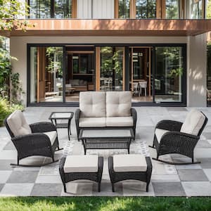 Black 7-Piece Wicker Patio Conversation Set with Rocking Chairs, Outdoor Glider Seating Set with Beige Cushions