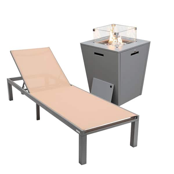 Leisuremod Marlin Modern Grey Aluminum Outdoor Patio Chaise Lounge Chair with Square Fire Pit Table, Light Brown