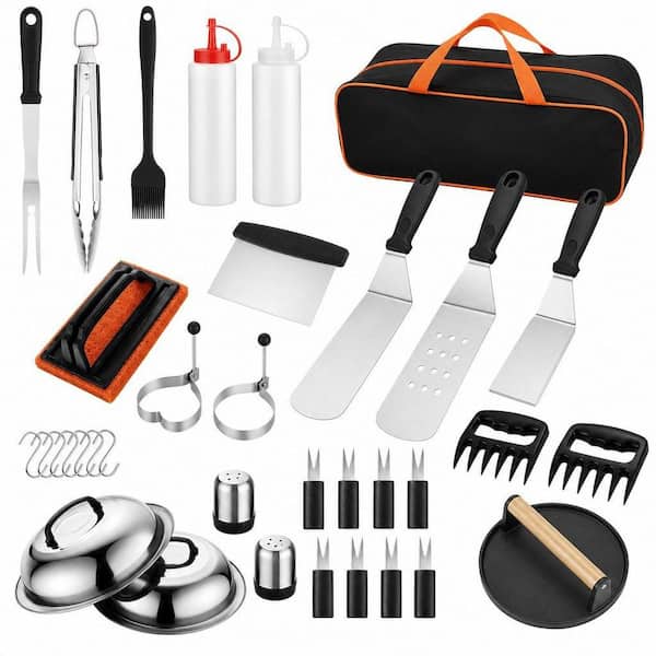 38-Piece Grill Tools Set for Outdoor Barbecue, Griddle Spatula Set with Tongs, Smash Burger Press, Carry Bag, Orange