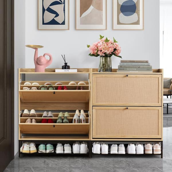 ATHMILE Natural Wooden Shoe Storage Cabinet with Flip-Up Drawer