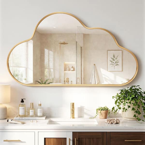 39 in. W x 24 in. H Cloud-shaped Gold Aluminum Alloy Framed Wall Mirror Asymmetrical Wall Mirror
