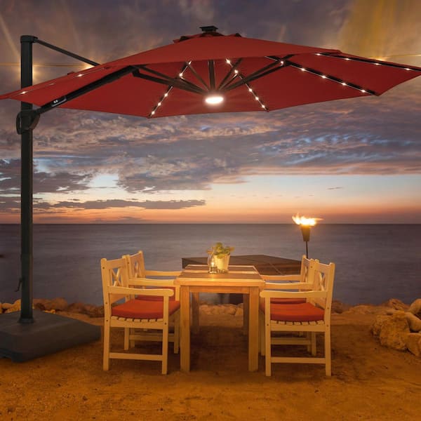 JOYESERY 11 ft. Aluminum Cantilever Patio Umbrella with a Base, Outdoor Offset Hanging Rotation with Solar LED Lights in Rust Red