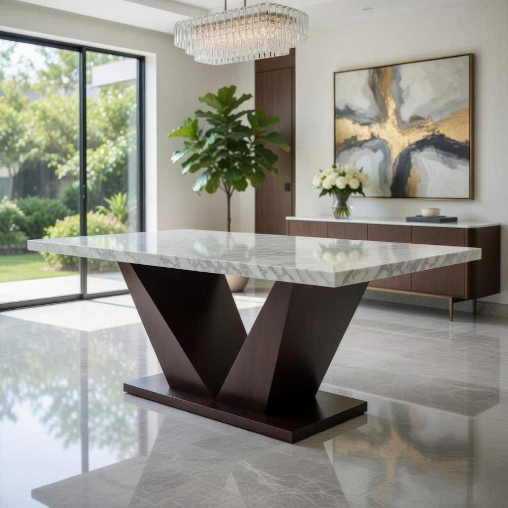 Benjara Walnut Brown and White Marble Top Pedestal Base Dining Table ...
